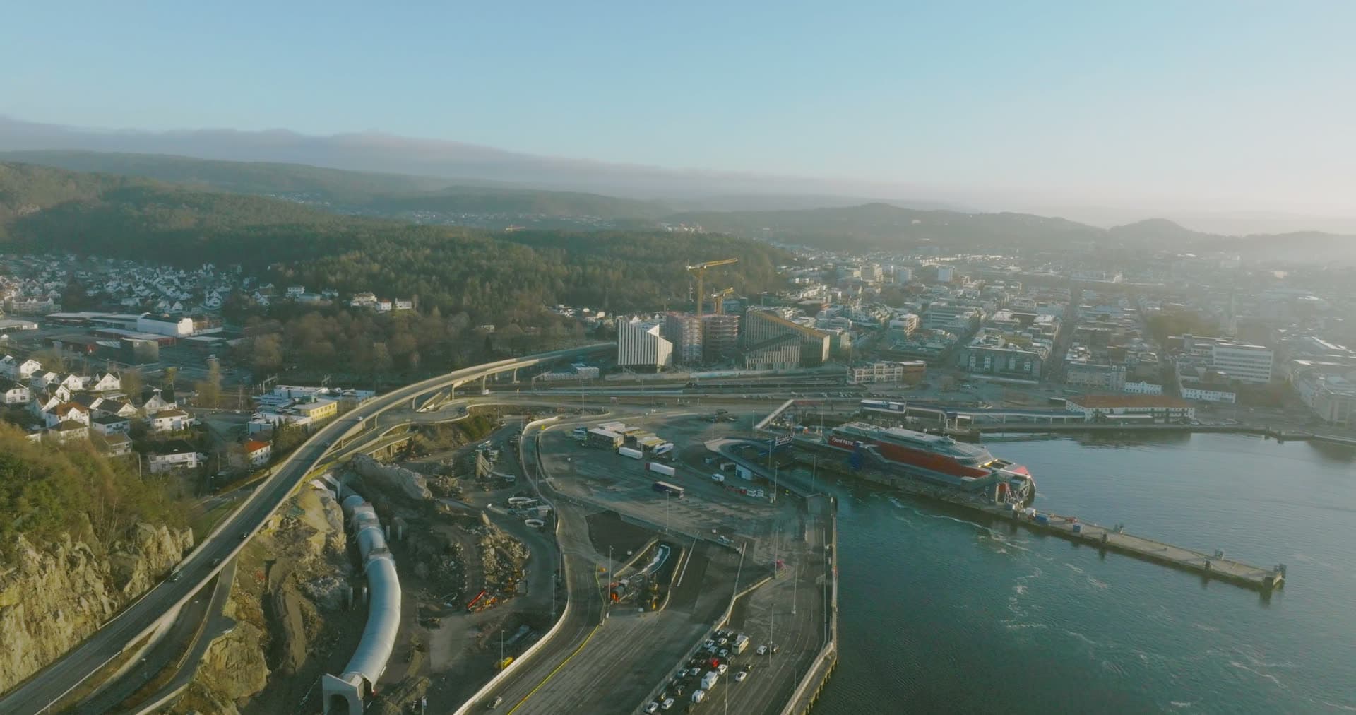 Hillside view over the city and ferry terminal, Kristiansand, Norway
