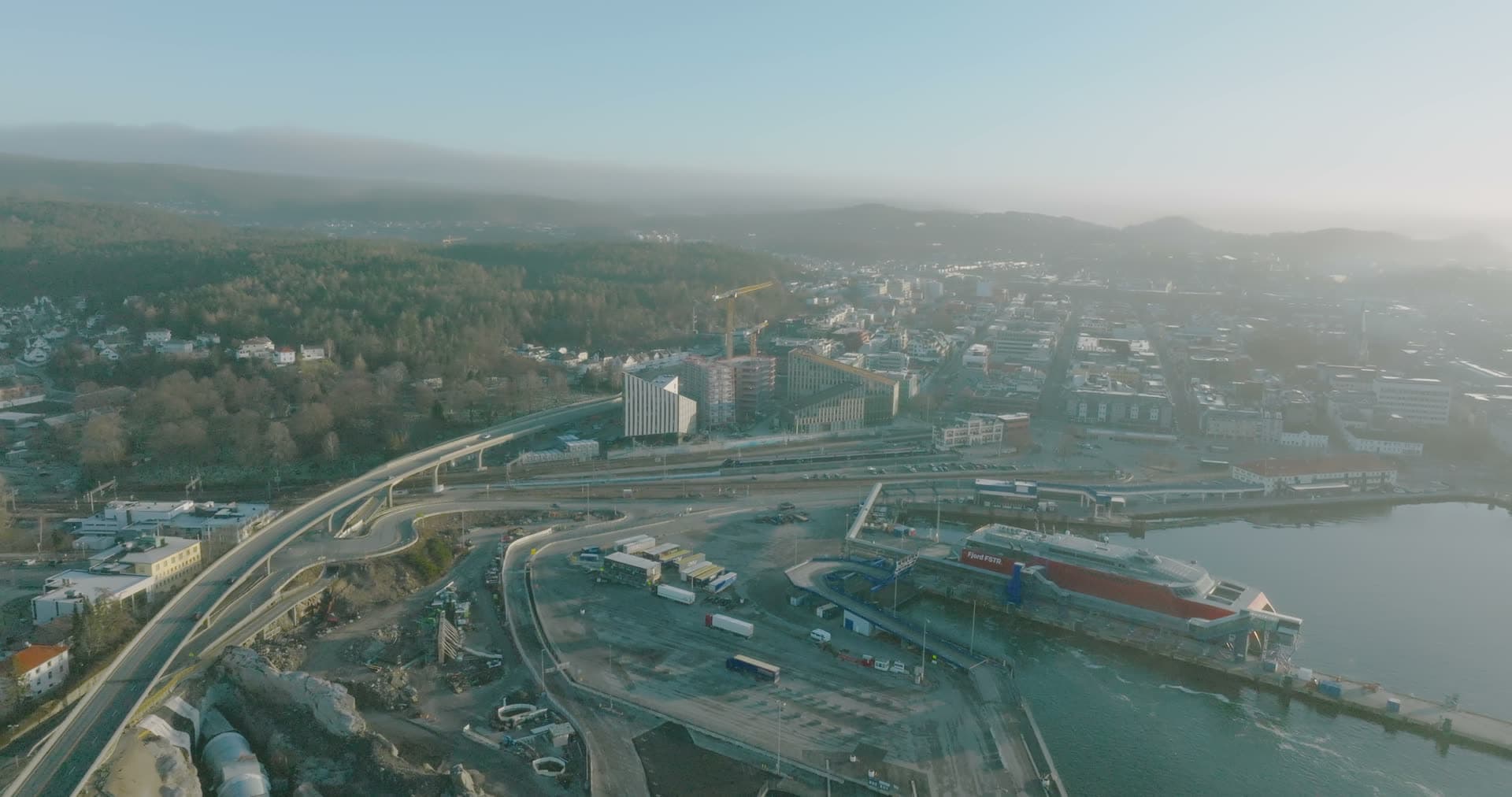 Morning haze over the city and the ferry quay, Kristiansand, Norway
