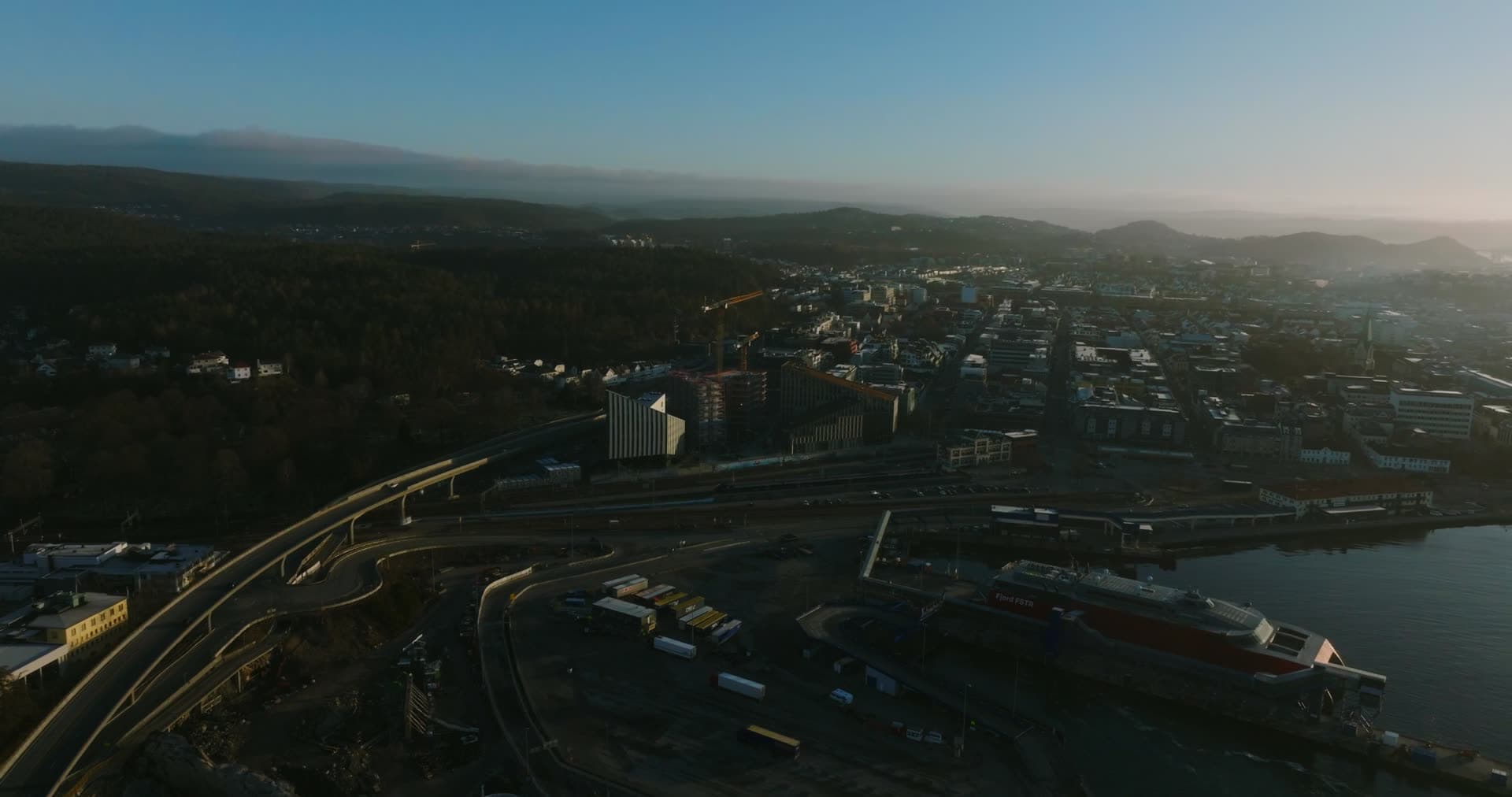 City centre, roads and quay in morning haze, Kristiansand, Norway