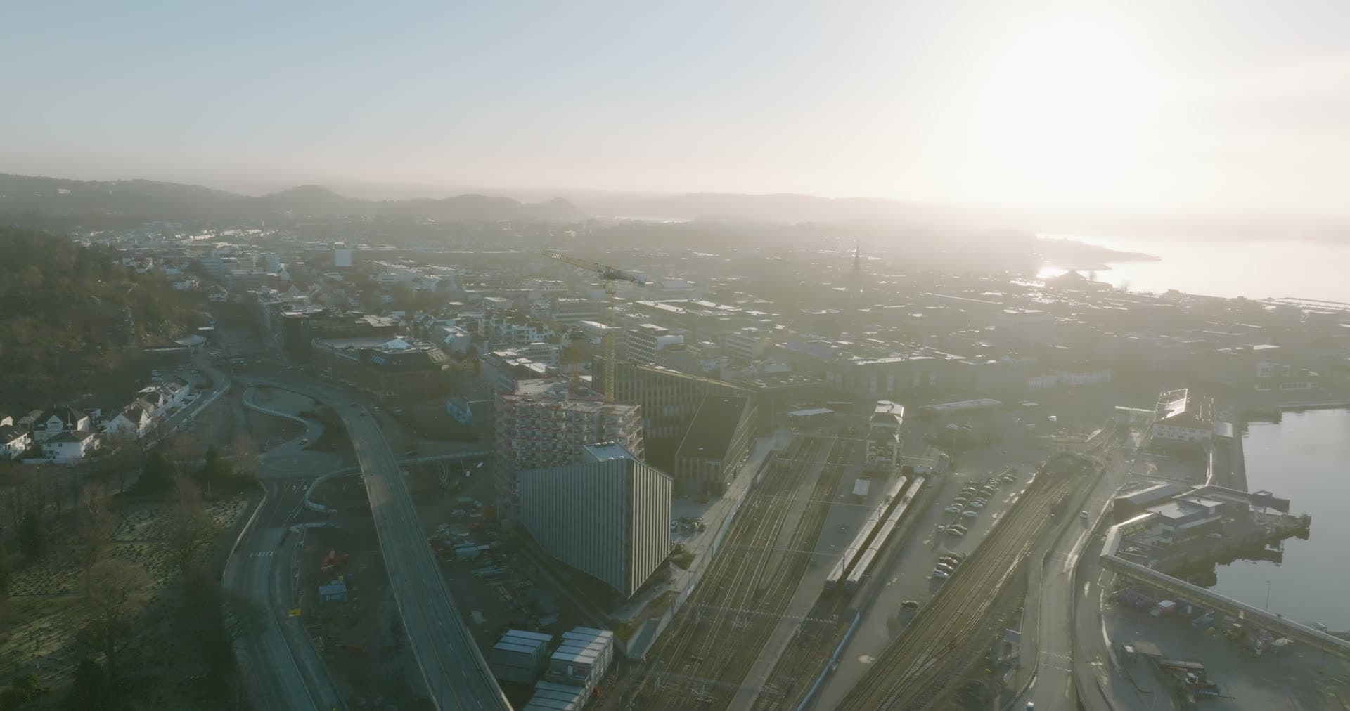 Rail yard and tower crane above the highway, Kristiansand, Norway