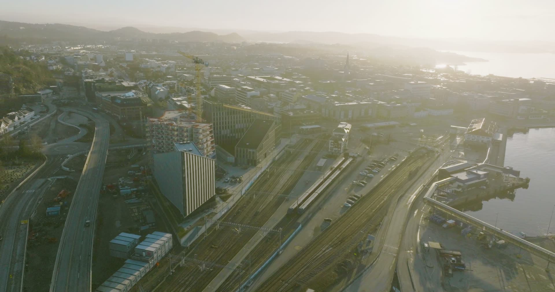 Rail yard and construction cranes by the harbor, Kristiansand, Norway