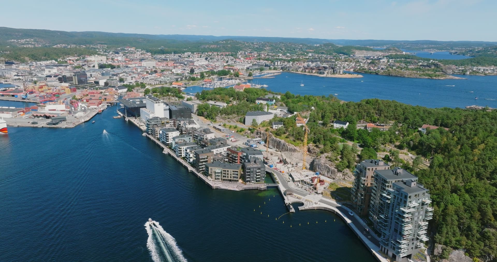 Waterfront apartments and construction crane, Kristiansand, Norway
