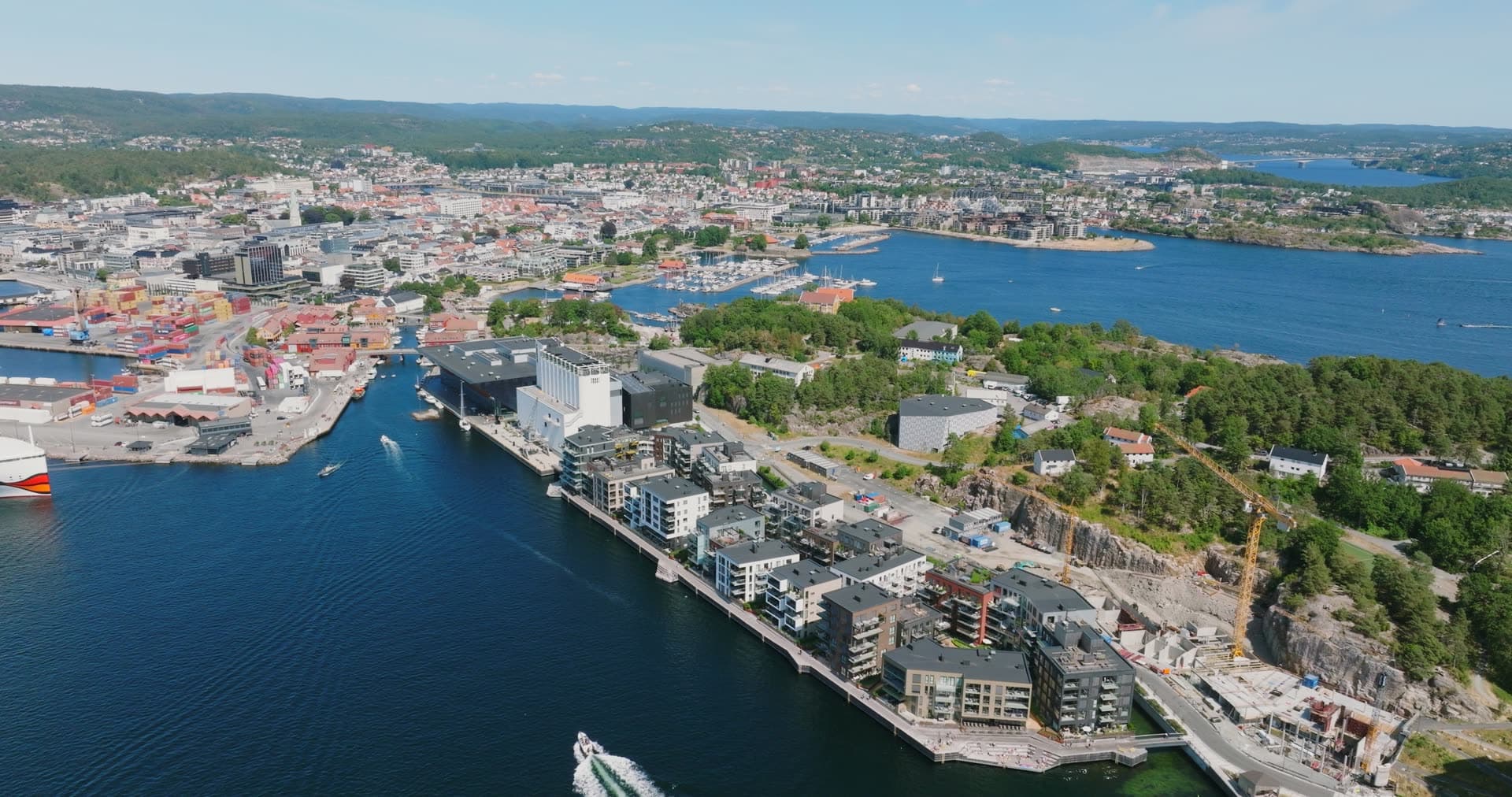 Waterfront apartments and construction crane, Kristiansand, Norway