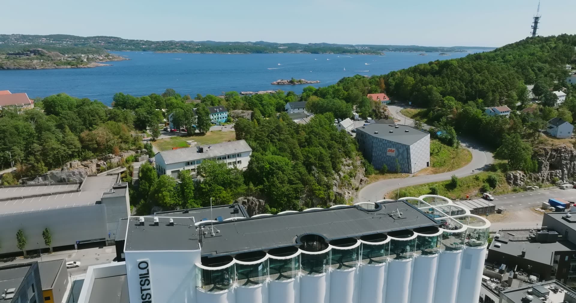 Rounded tops of the converted grain silo, Kristiansand, Norway
