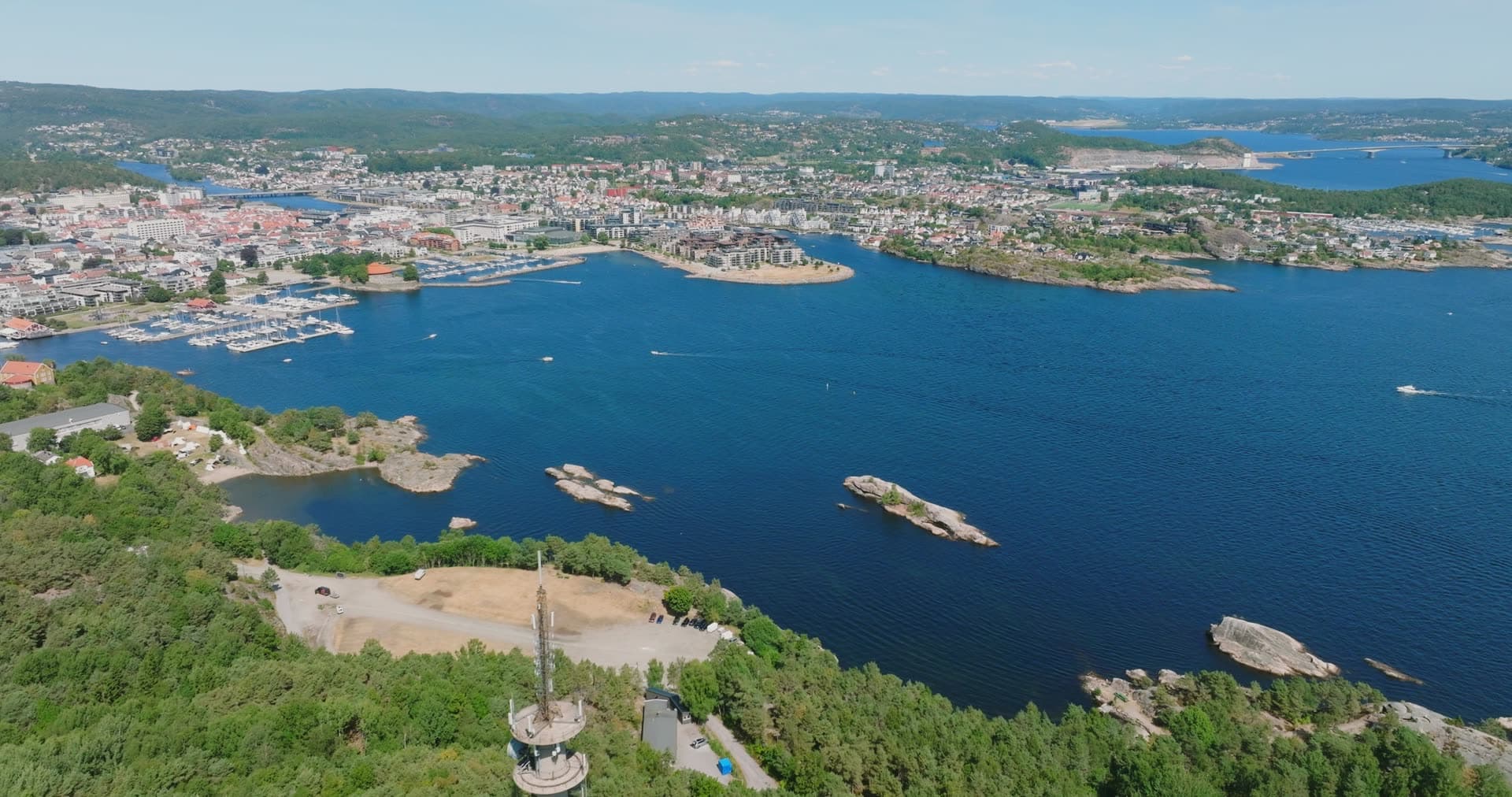 Lattice mast and car park above the fjord, Kristiansand, Norway
