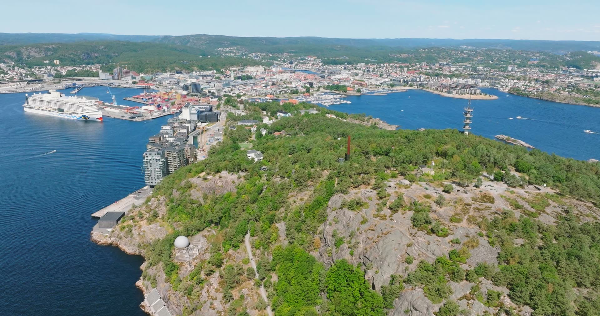 White radar dome on the cliff above the port, Kristiansand, Norway