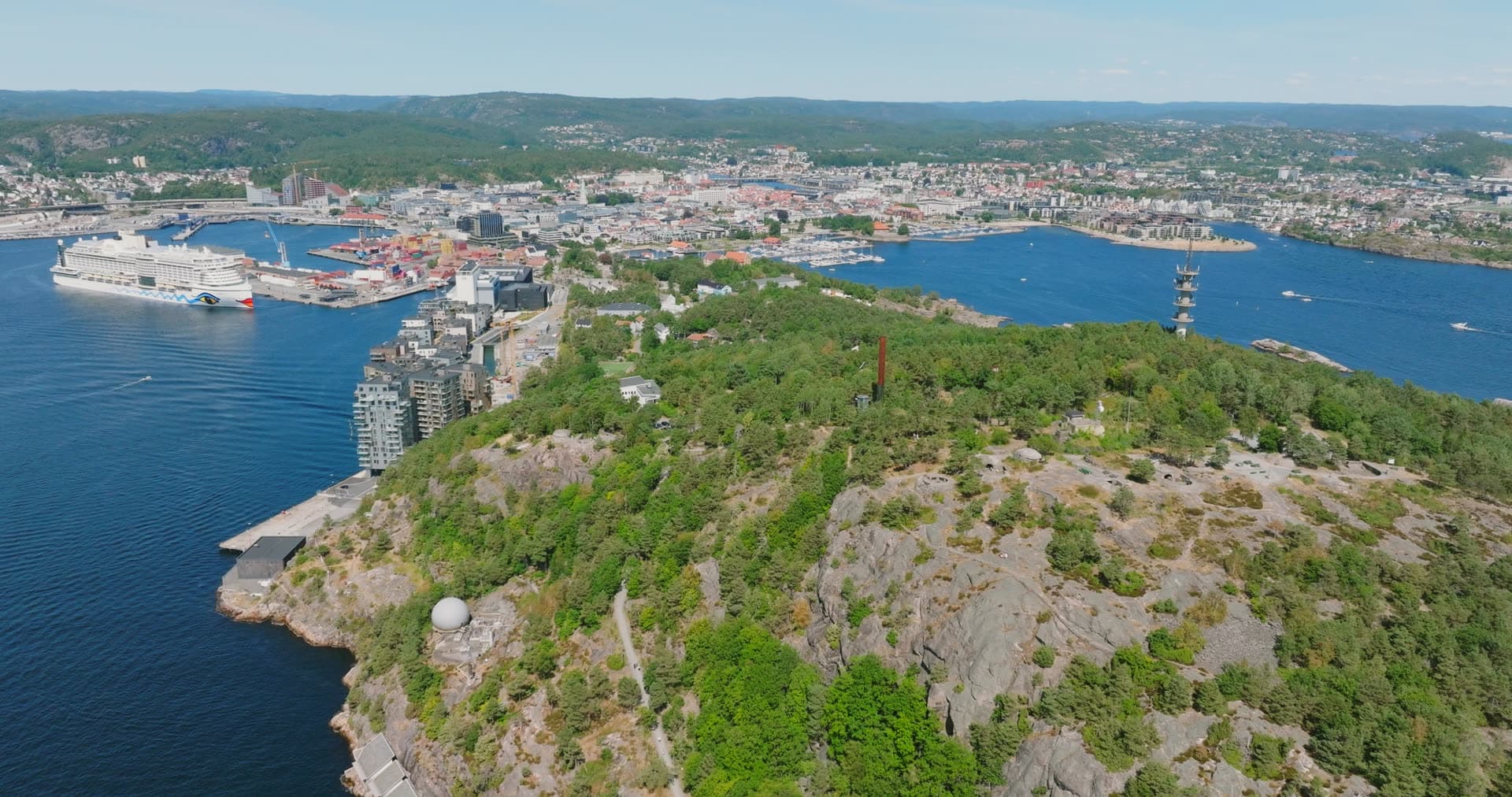 White radar dome on the cliff above the port, Kristiansand, Norway