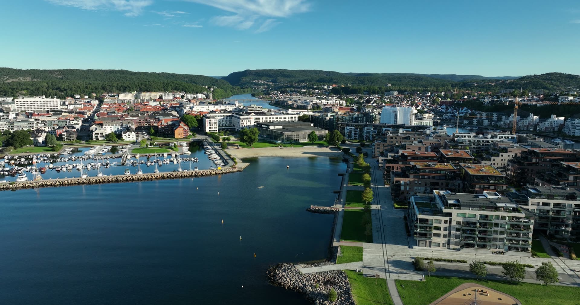 Marina and city beach by new waterfront flats, Kristiansand, Norway