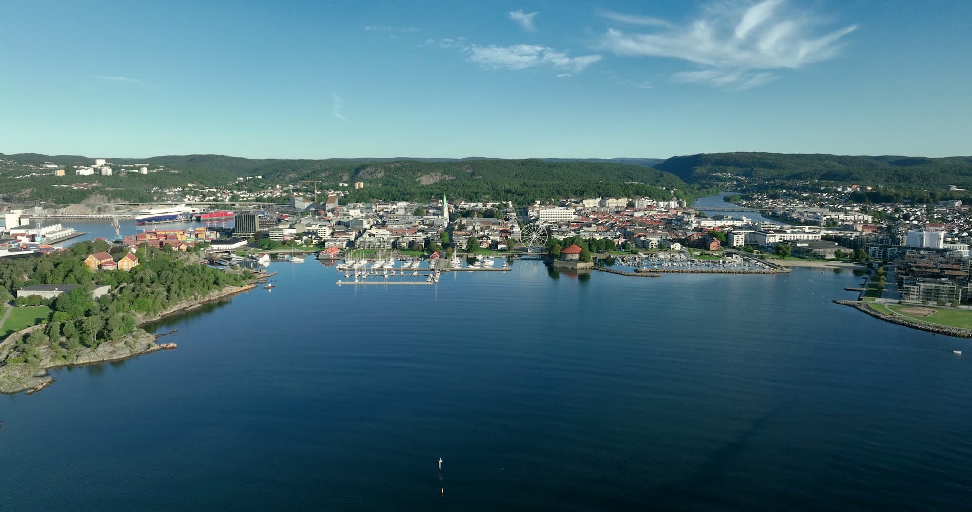 Marina and Ferris wheel across the bay, Kristiansand, Norway