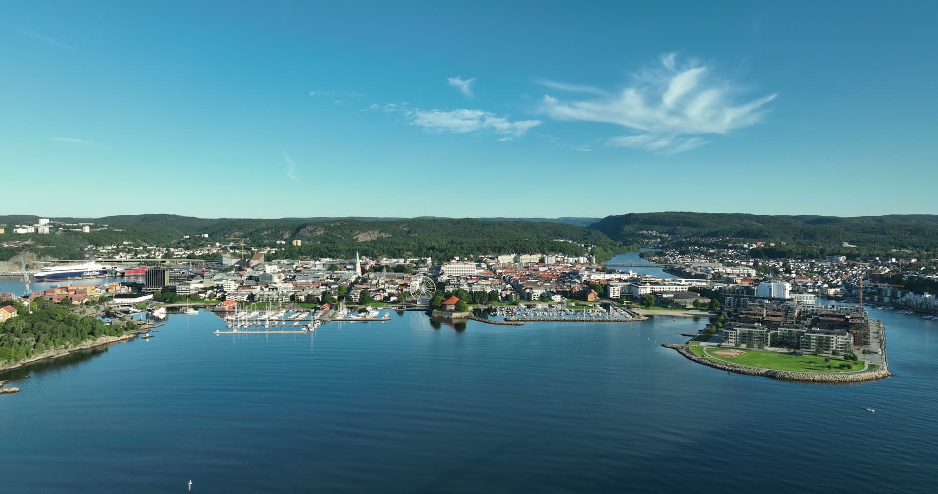 Marinas and church spire across the bay, Kristiansand, Norway