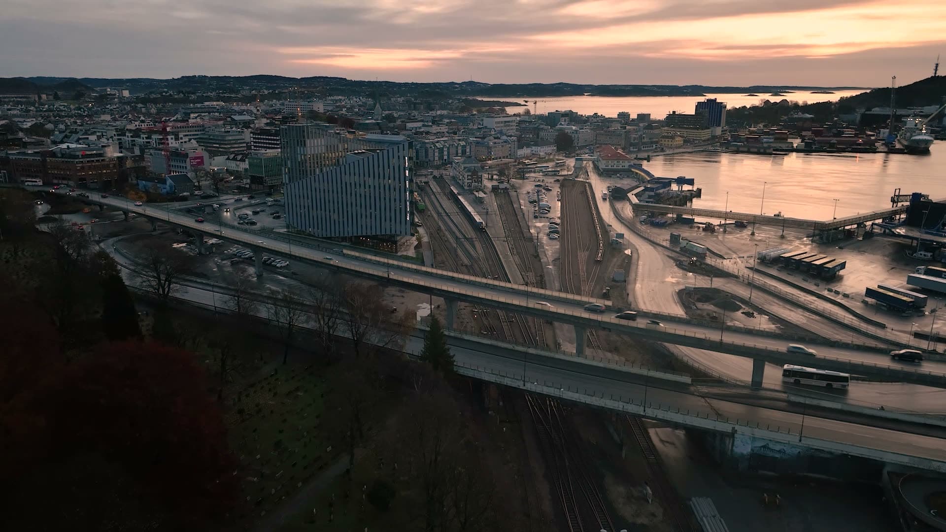 Elevated road over rail yard at dusk, Kristiansand, Norway
