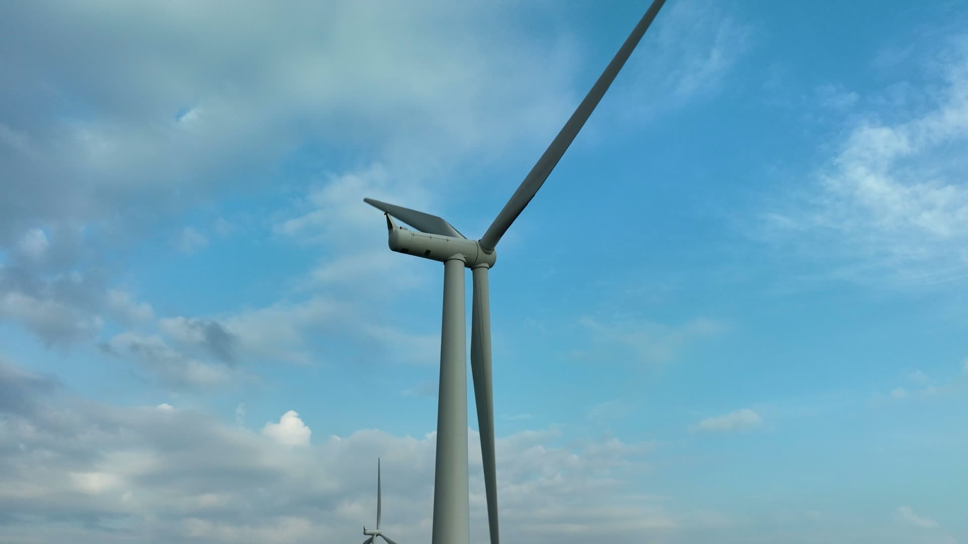 Close pass by turbine nacelle and blades, Lista, Norway