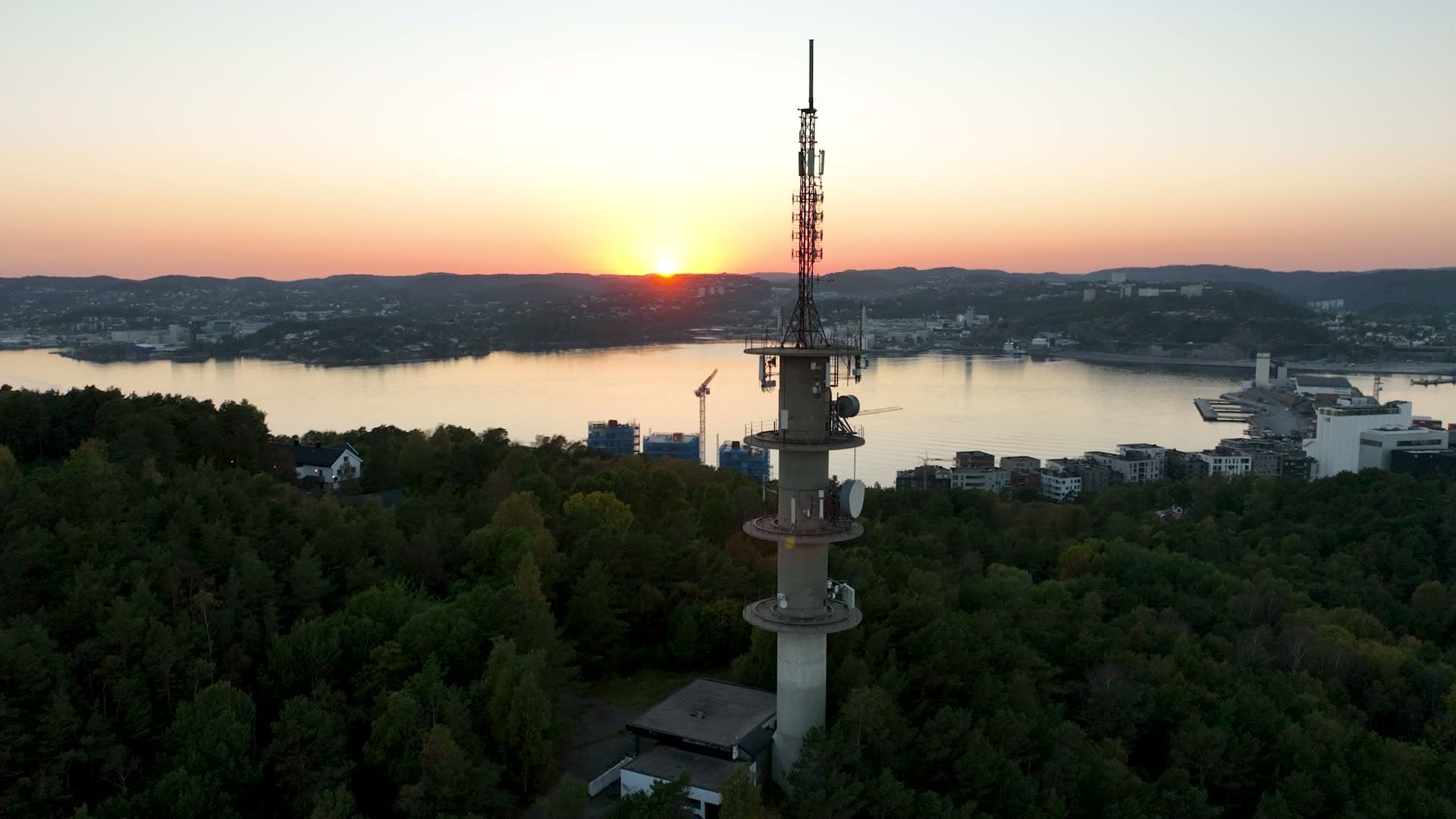 Orbit around telecom mast at sunset, Odderøya, Norway