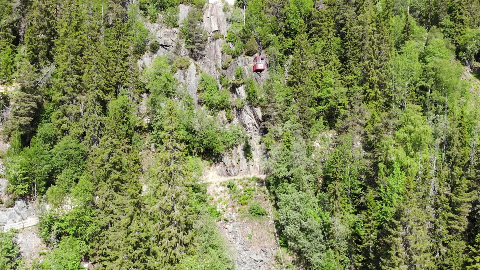 Red cable car climbing forested cliff face, Rjukan, Norway