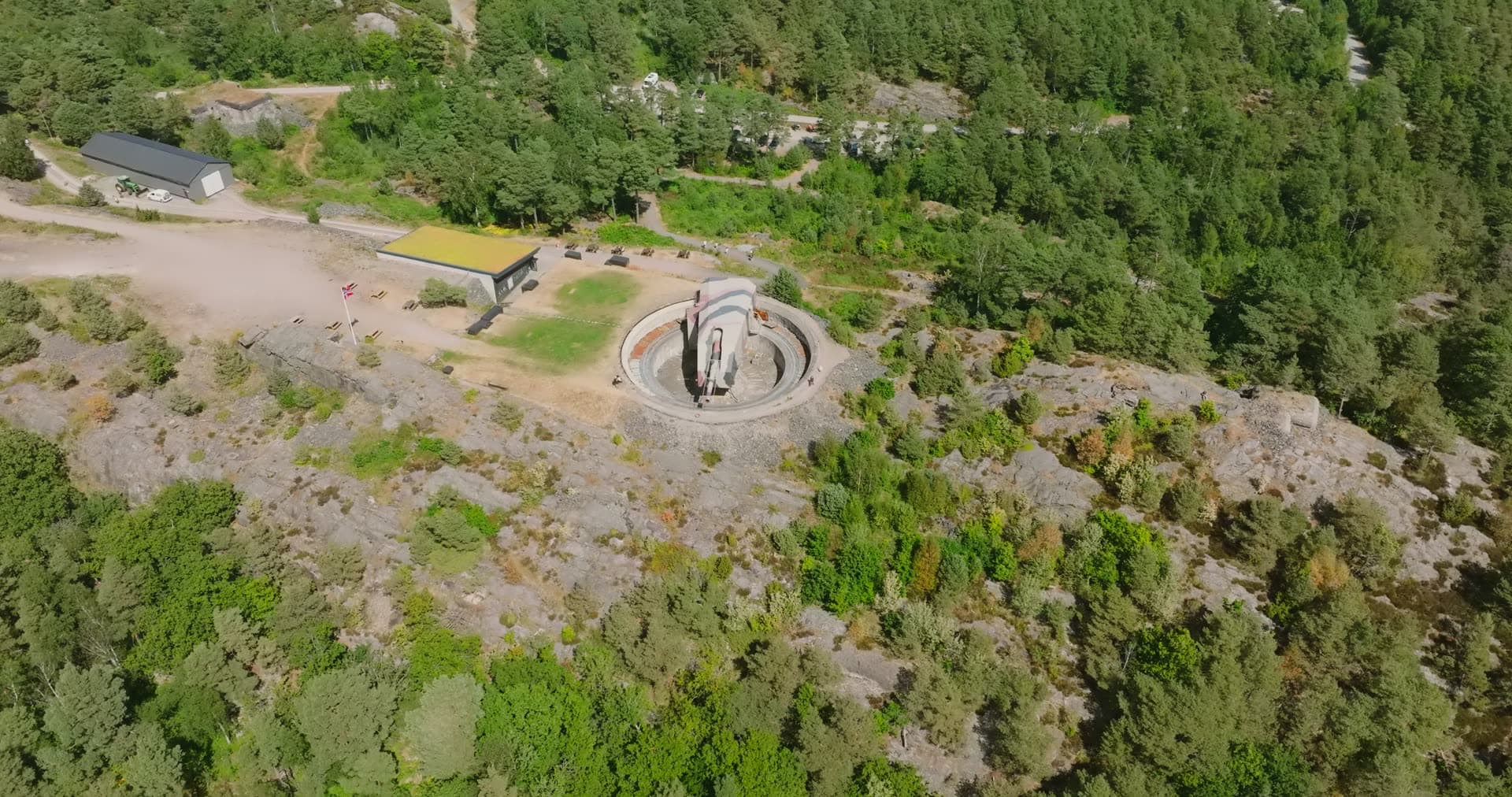 Overhead of the gun turret and its gravel yard, Møvik, Norway