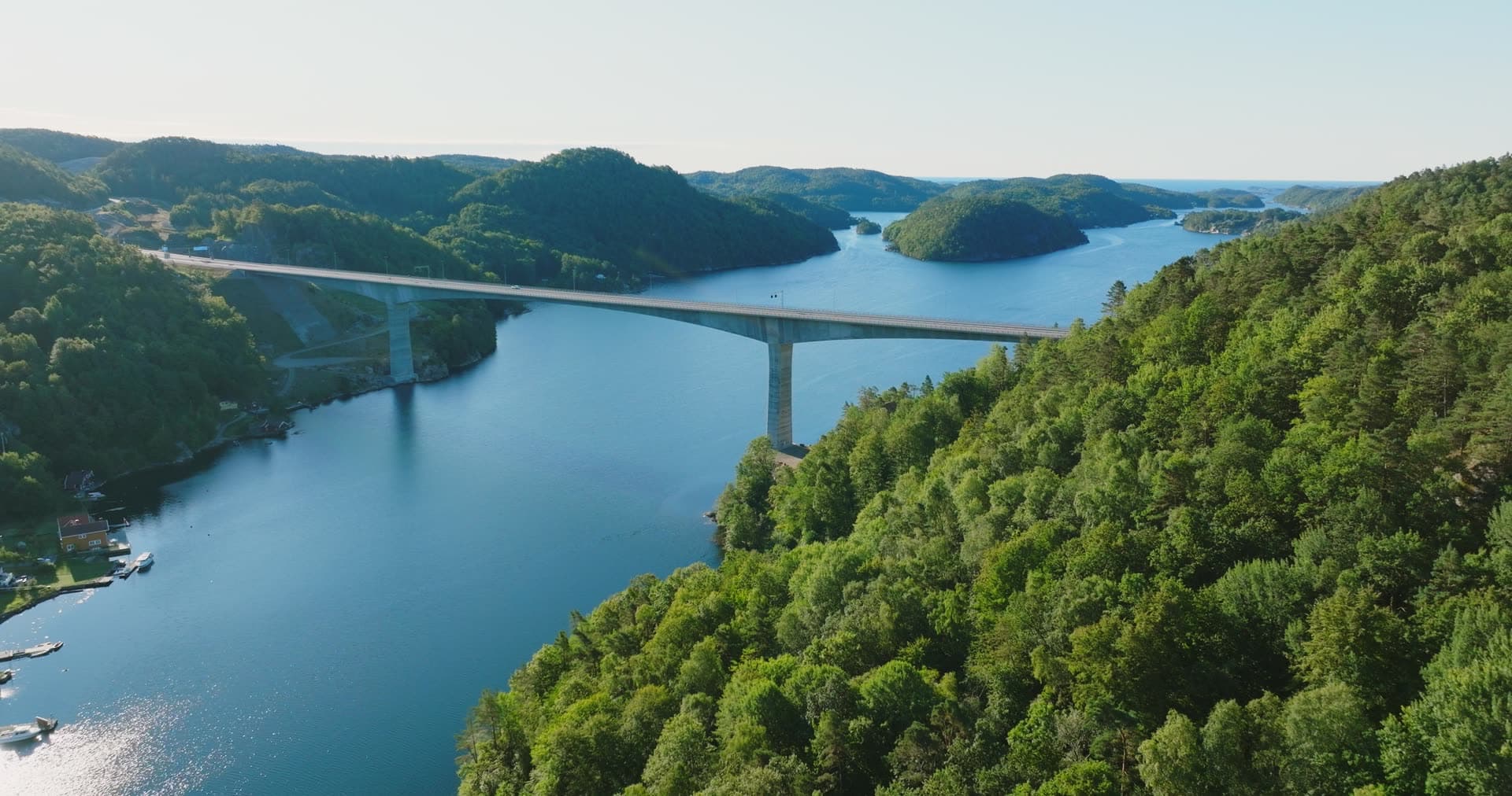 Highway bridge on tall piers over fjord, Trysfjordbrua, Norway