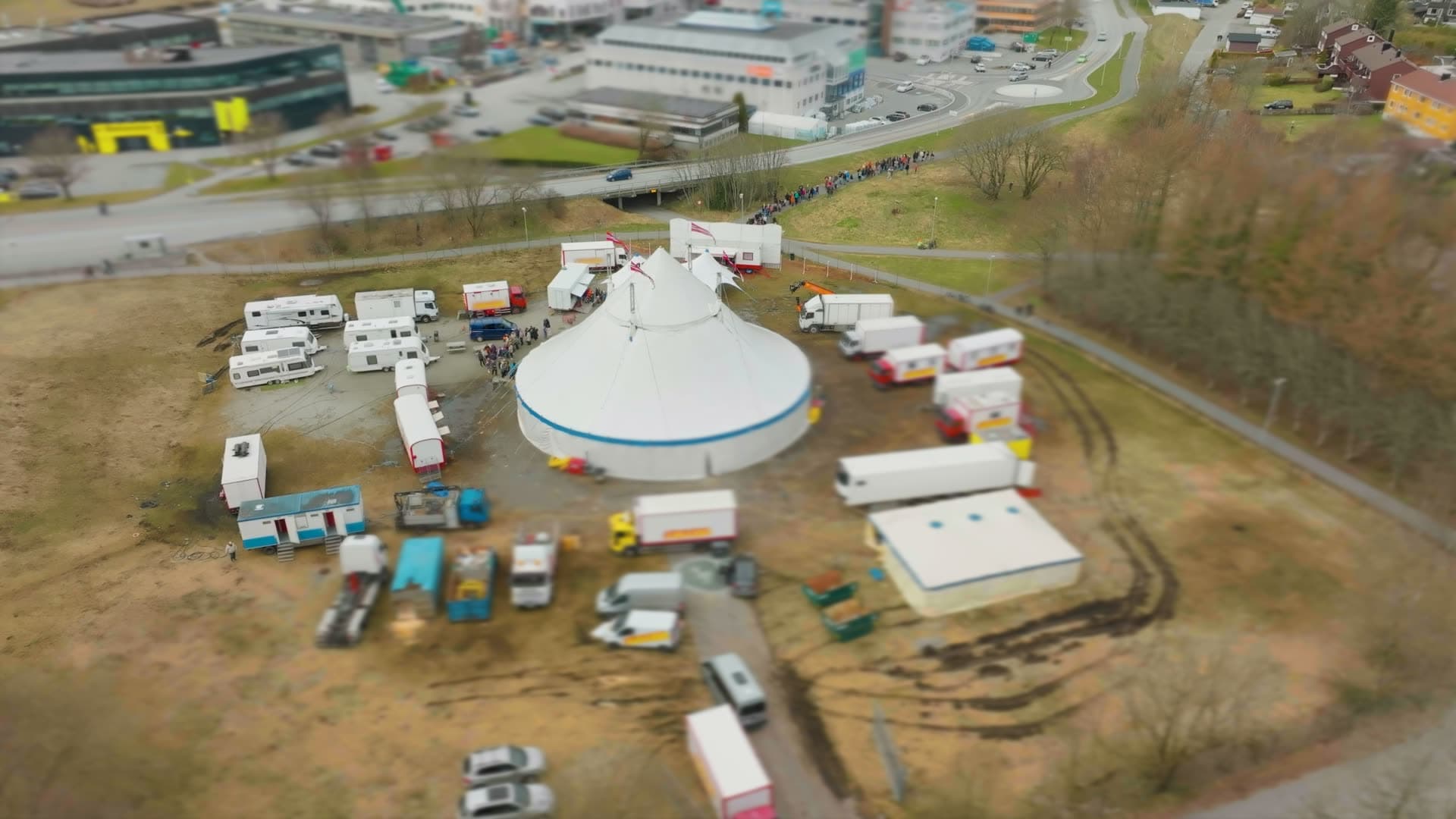 Circus big top with trucks and caravans, Vannassen, Norway