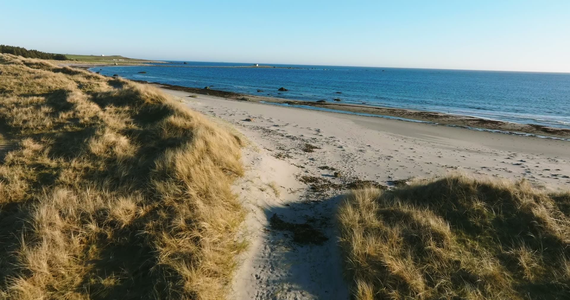 Sandy path through dune grass to beach, Vestbygd, Norway