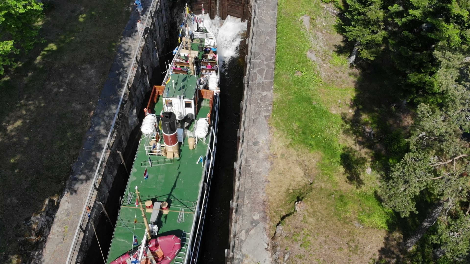 Passenger steamer in canal lock chamber, Vrangfoss, Norway